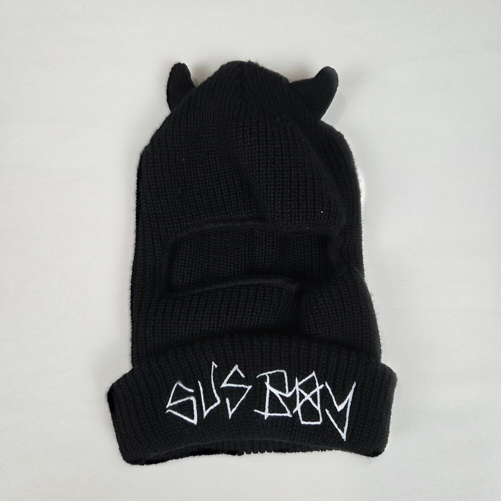 Black Knit Devil Horn Balaclava Beanie Embroidered Text Unisex